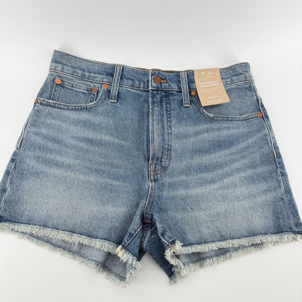 Madewell The Perfect Jean Short Women 30 Blue Solid Tencel Denim Frayed Hem